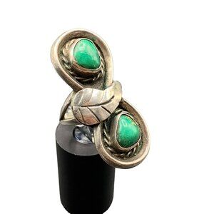 Handcrafted Native American Sterling Silver Ring 2 Turquoise Stones Leaf Design